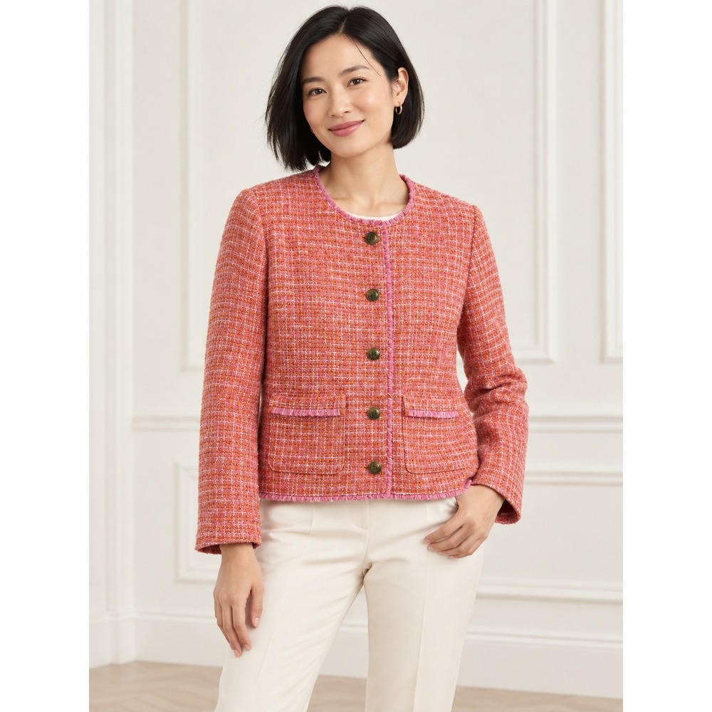 J. Jill Womens Orange Pink Tweed Fringe Trim Button Front Jacket Size M Petite